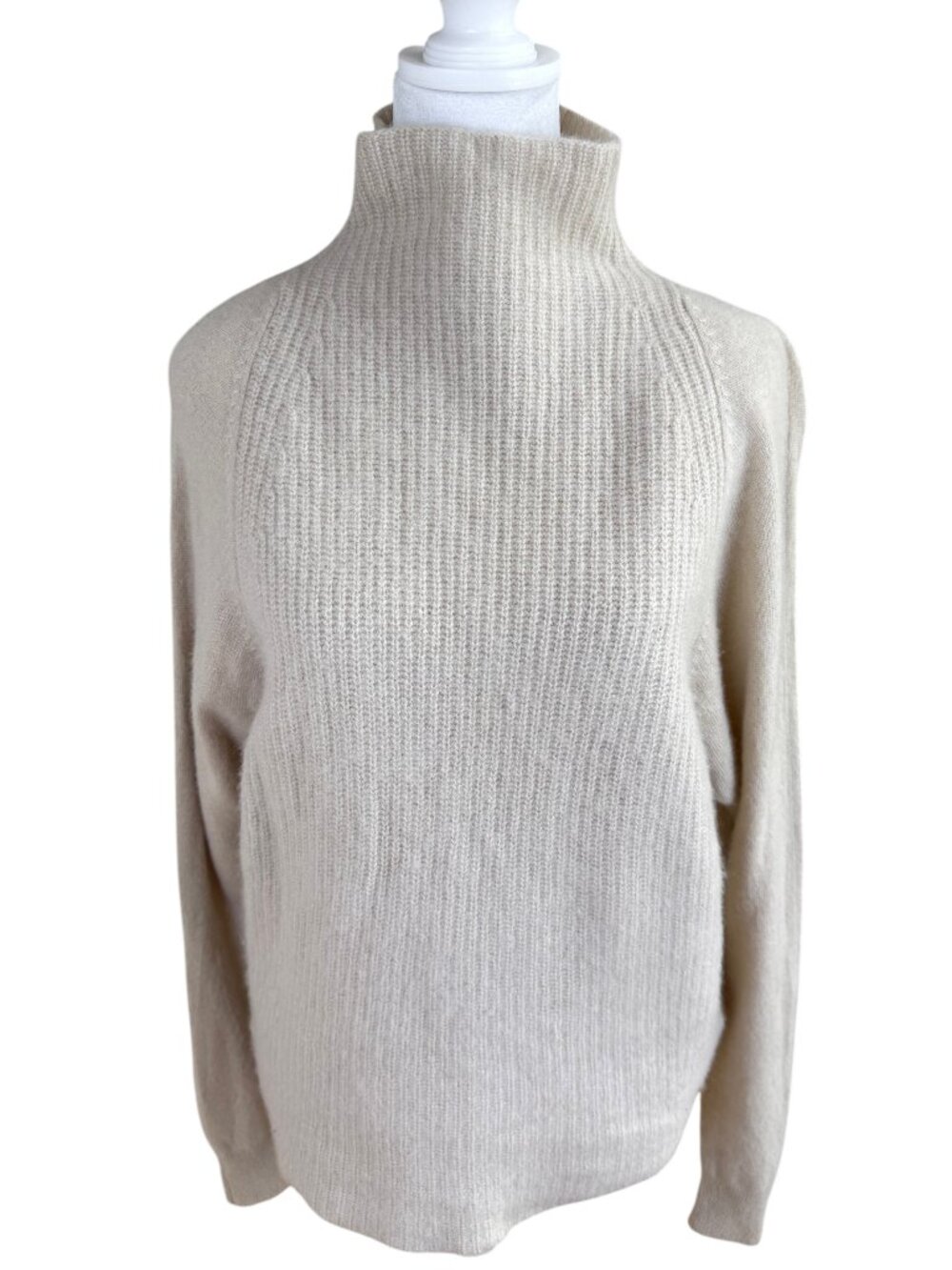 Tahari Cashmere Sweater Funnel Neck Mixed Knit Beige (M)
